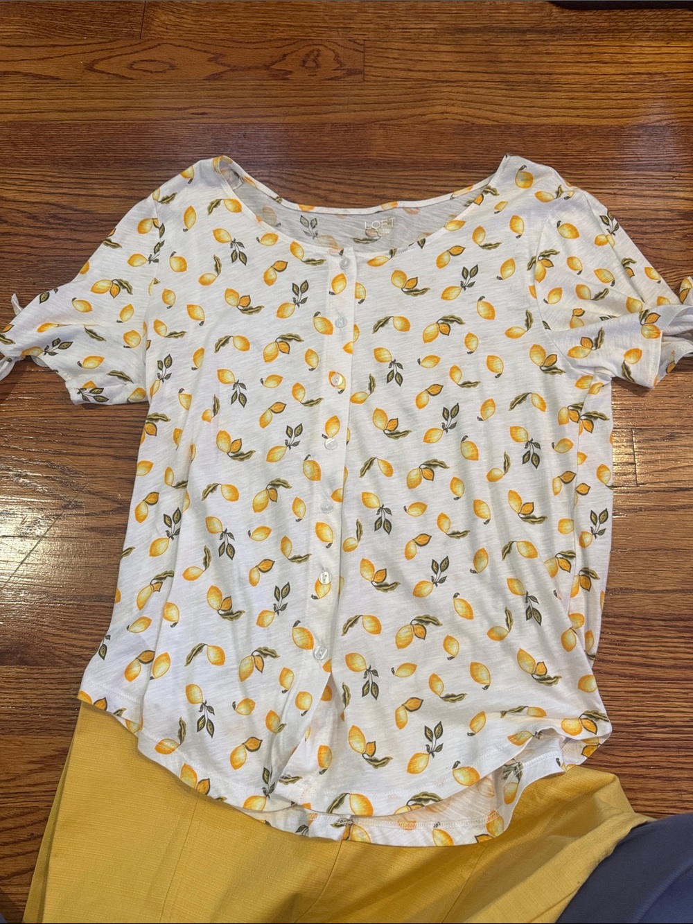 Loft Lemon Print Tie-Sleeve Button-Front Top - Picture 2 of 5